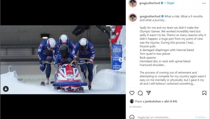 Il post su Instagram con cui Rutherford ha annunciato la mancata qualificazione alle Olimpiadi