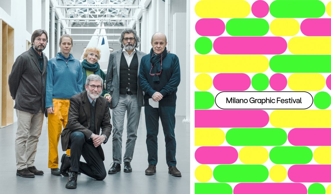 I curatori di Milano Graphic Festival. Da sinistra Francesco Dondina, Marta Sironi, Anna Steiner, Gaetano Grizzanti, Mauro Chiabrando, in ginocchio Franco Achilli. A destra, l'immagine grafica della rassegna