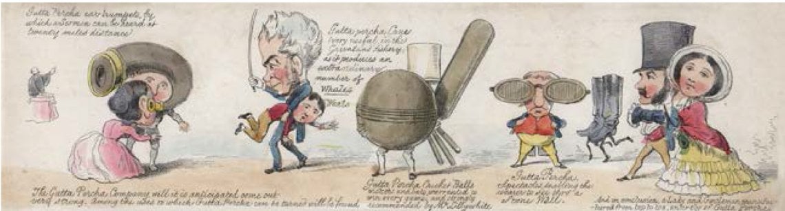Un&rsquo;illustrazione satirica sui mille usi della guttaperca, antenata organica delle plastiche presentata alla prima Esposizione Universale, a Londra nel 1851