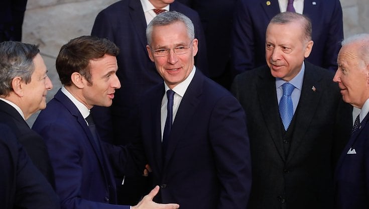 Il presidente del Consiglio Mario Draghi, il presidente francese Emmanuel Macron, il Segretario generale della Nato Jens Stoltenberg, il presidente turco Recep Tayyip Erdogan e il presidente Usa Joe Biden