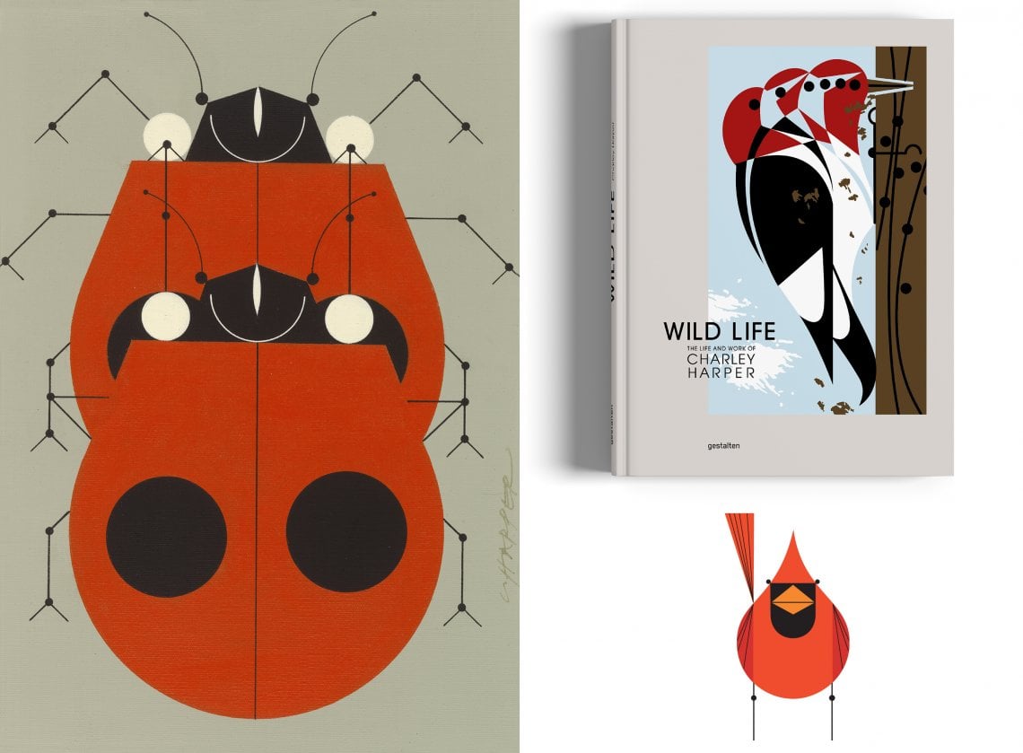 A sinistra, Ladybugs Mating, primi anni 80. A sinistra, la copertina del libro edito da Gestalten, e sotto, uno degli uccelli pi&ugrave; ricorrenti nei suoi disegni, il cardinale rosso