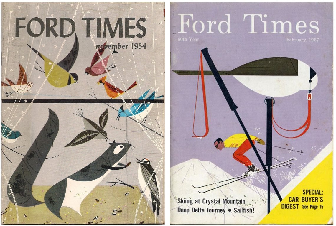 A sinistra, la prima copertina di Harper per Ford Times. A destra un'altra delle decine di illustrazioni per il magazine edito da Ford Motor Company fino al 1993