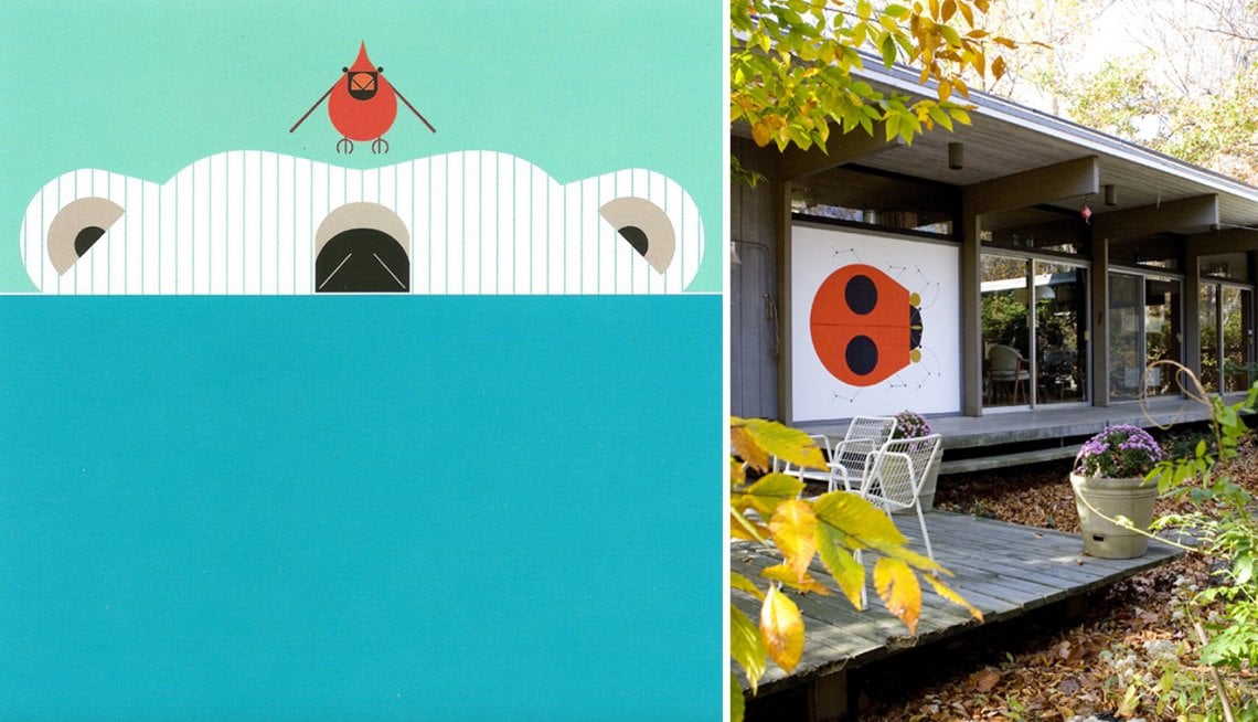 A sinistra Scary Scenario, l'ultima illustrazione di Charley Harper  realizzata nel 2007. A destra, lo studio della casa di Finneytown