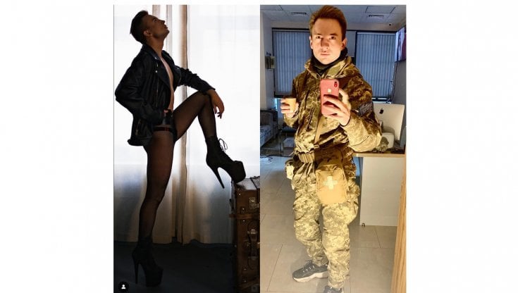 Ivan Honzyk, icona Lgbt ucraina, in giubbotto e tacchi e in divisa militare
