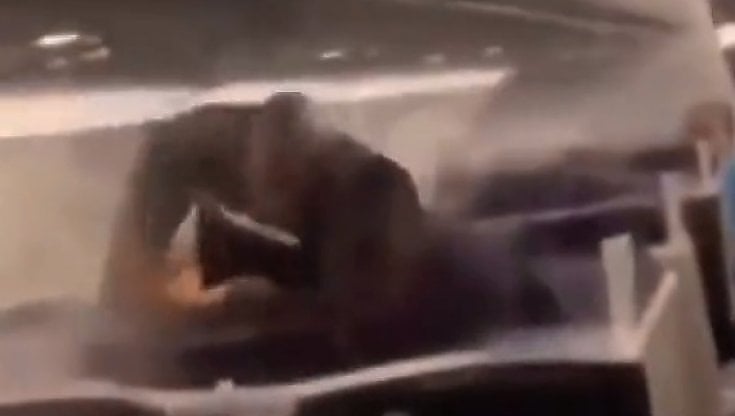 Nel frame Mike Tyson che prende a pugni un passeggero