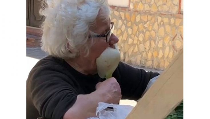 Napoli, 2021: una signora usa una costa di finocchio come mascherina anti Covid