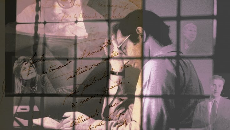 Nell&rsquo;illustrazione, Roth circondato da autori italiani citati nel libro: da sinistra Gaia Servadio, Primo Levi, Alberto Moravia, Natalia Ginzburg, Cesare Pavese. Illustrazione di Gianni Mascolo