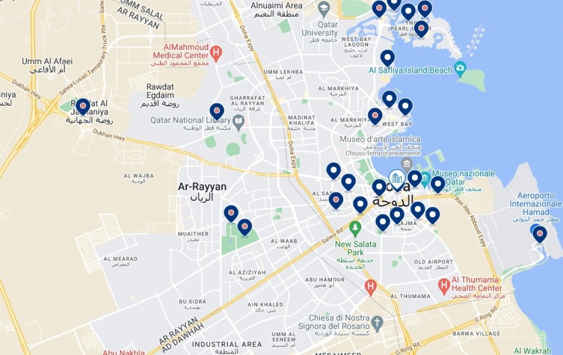 In bianco gli hotel disponibili a Doha dal 1&deg; al 31 ottobre (Booking)