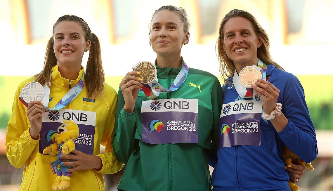 Il podio del salto in alto femminile: da sinistra Mahuchikc, Patterson e Vallortigara