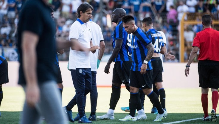 Simone Inzaghi con Romelu Lukaku e Lautaro Martinez