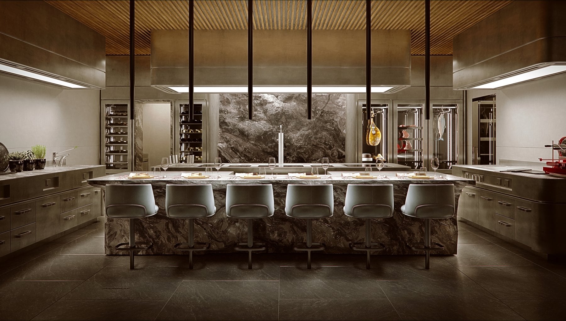 Un'immagine di Saxum Essentia, la cucina prodotta da Lavendo Developments in partnership con Margraf e Marrone. Lo che table + costituito da un unico blocco di marmo grigio nuvolato lungo quattro metri.