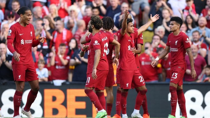 Una delle tante esultanze dei giocatori del Liverpool