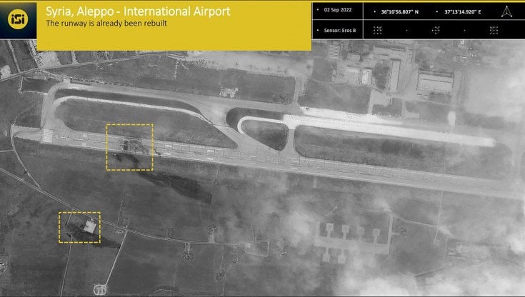 Un'immagine satellitare del 2 Settembre mostra i danni all'aeroporto di Aleppo di un precedente attacco