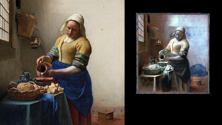Jan Vermeer, La lattaia (1660 circa): accanto, i particolari svelati dalle nuove indagini sul dipinto