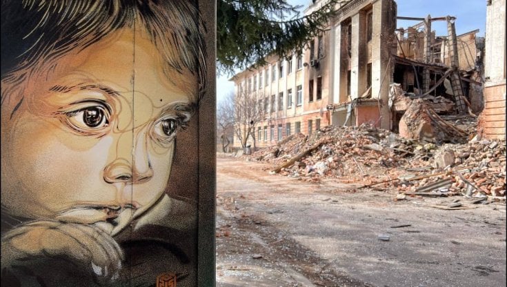 Un murale dipinto dall&rsquo;artista francese Christian Gu&eacute;my a Zhytomyr, citt&agrave; ucraina colpita nelle prime fasi del conflitto. christian guemy