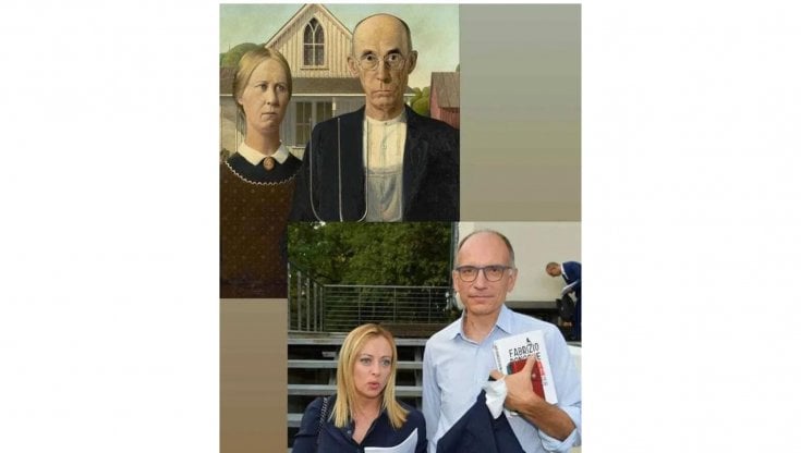 Giorgia Meloni ed Enrico Letta. Sopra, il quadro di Grant Wood, American Gothic&nbsp;