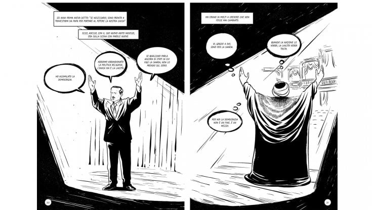 In queste tavole del graphic novel, le due &ldquo;versioni&rdquo; di Erdogan. Spiega D&uuml;ndar: &laquo;All&rsquo;inizio faceva il democratico, una volta al potere ha svelato il suo volto di difensore della sharia&raquo; (&copy; Correctiv / Illustrazioni: Anwar x2)