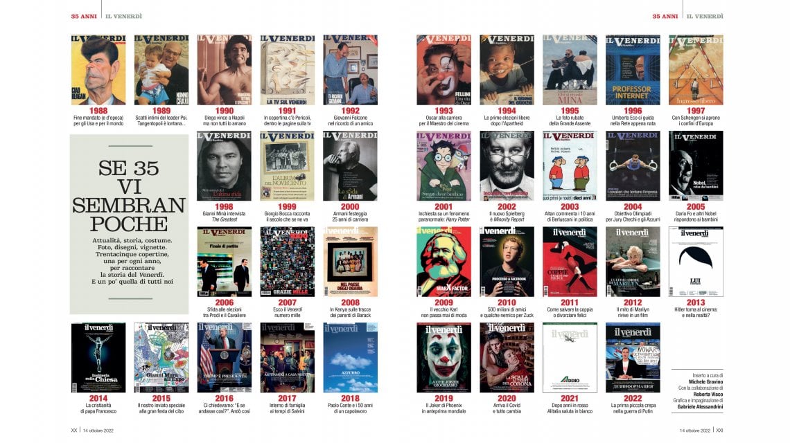 Una pagina dello Speciale 35 anni con altrettante copertine storiche del Venerd&igrave;