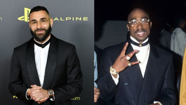 Benzema, total look Fendi, alla cerimonia di premiazione del Pallone d'Oro. A destra il rapper Tupac, idolo dell'attaccante del Real