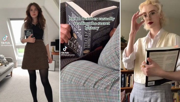 Da sinistra, le tiktoker @sophieejhall, @thebookcornerr e @infinitejellyfish, tra stile Dark Academia e il libro di Donna Tartt