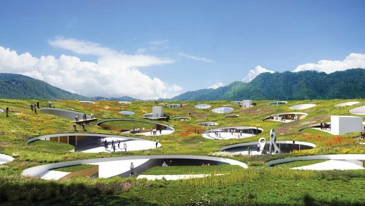 La piazza centrale, che ricorda la forma di una ciotola, dell&rsquo;Hida Furukawa Station Eastern, nella citt&agrave; di Hida. Prevede un centro di ricerca universitario, negozi, alloggi