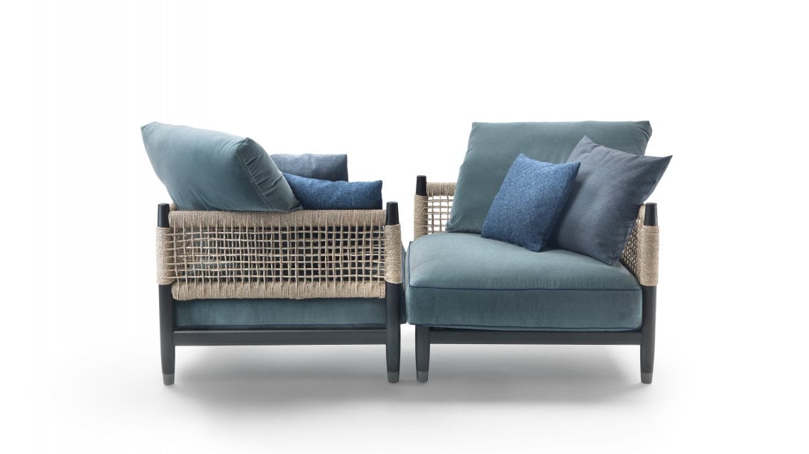 Divano componibile Parker di Antonio Citterio Design per Flexform, in massello di frassino tornito e paglia di fiume