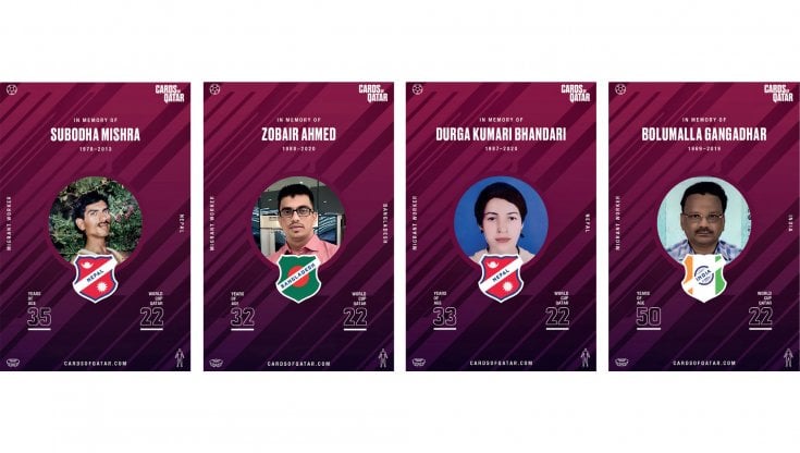 Carte del progetto giornalistico Cards of Qatar, inchiesta per raccontare le storie di persone decedute mentre lavoravano nei cantieri per i Mondiali: 6.500 secondo il Guardian