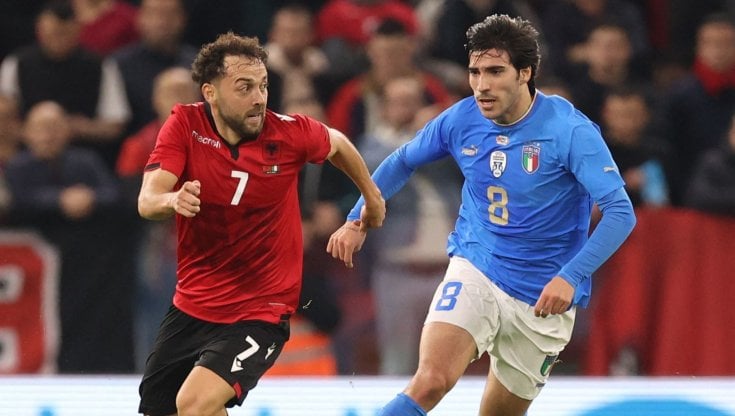 Tonali in azione durante Albania-Italia