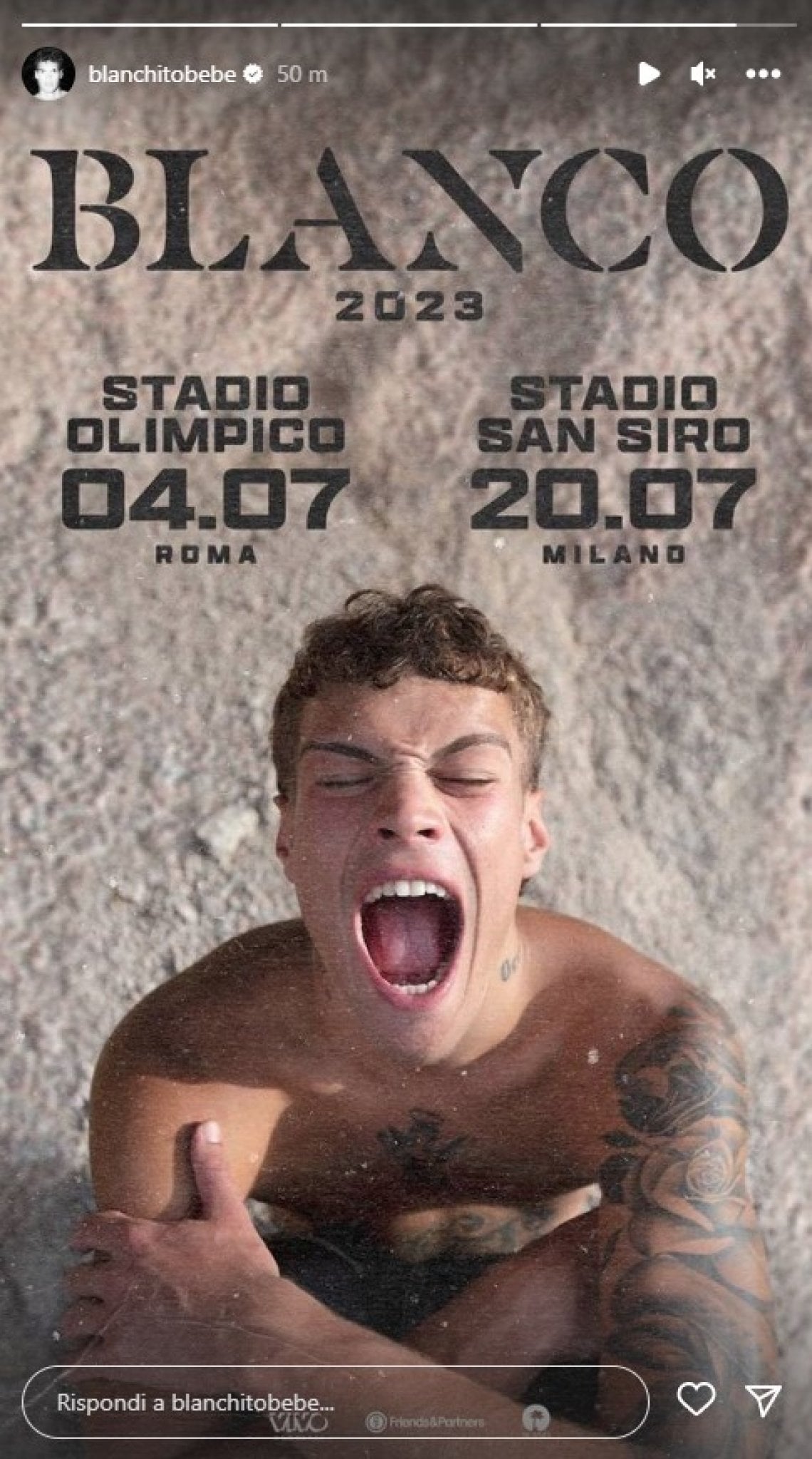 L'annuncio di Blanco dei due concerti all'Olimpico di Roma e al San Siro di Milano (Immagine dall'account Instagram del cantante) 