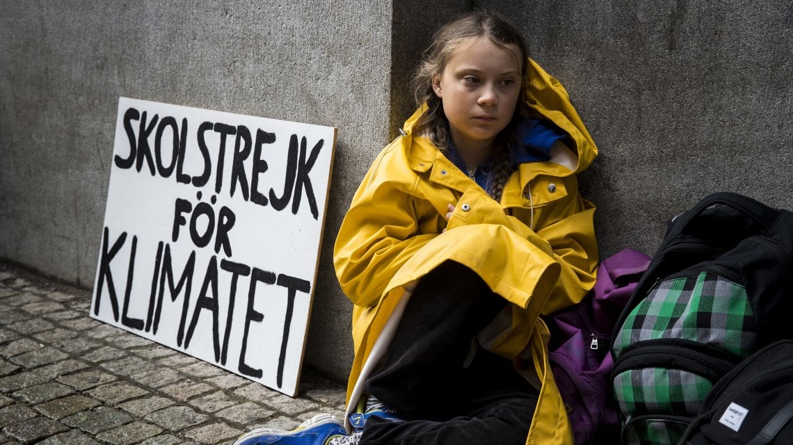 Greta ai tempi del primo sciopero per il clima: era il 2018 e ogni venerd&igrave; protestava davanti al Parlamento svedese (Getty Images)