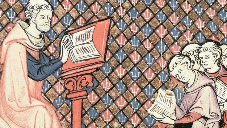 Lezione di filosofia in una stampa d'epoca del XIV secolo