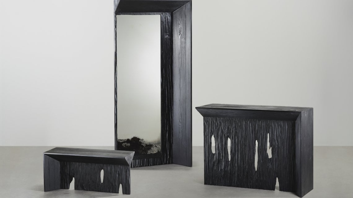 Collezione Disrupted Stability, in collaborazione con StudioF. In legno di larice carbonizzato
