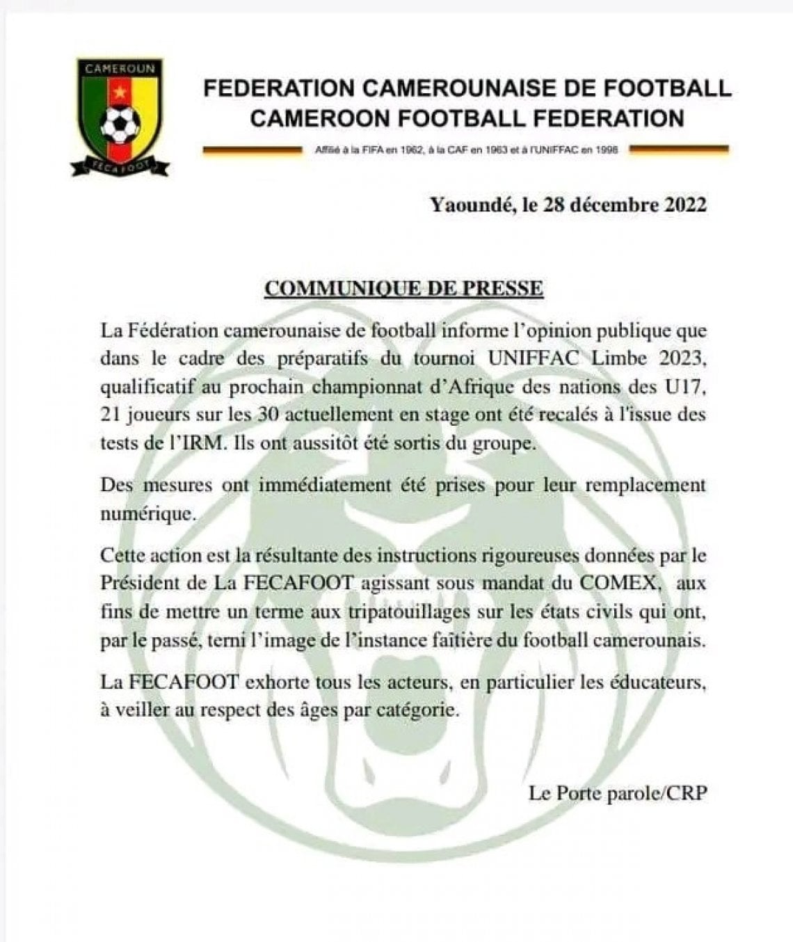 Il comunicato della Federcalcio camerunense