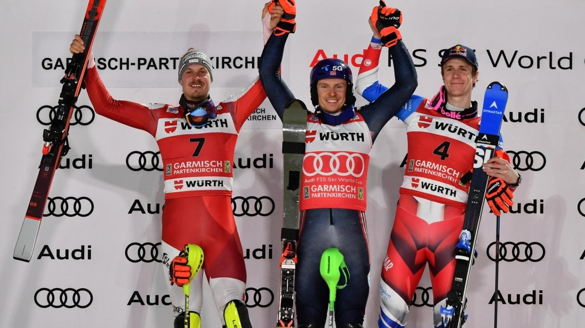 Da sinistra, Manuel Feller, Henrik  Kristoffersen e Clement Noel sul podio