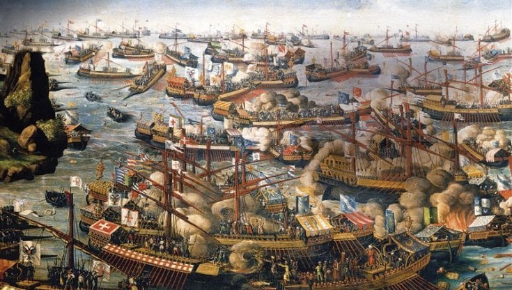 Dipinto del XVI secolo con lo scontro tra galere cristiane e ottomane a Lepanto (National Maritime Museum, Greenwich, Londra)