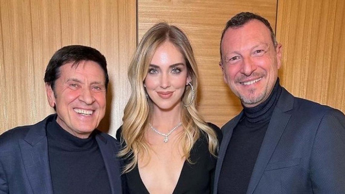 Morandi e Amadeus con la co-conduttrice di marted&igrave; e di sabato Chiara Ferragni
