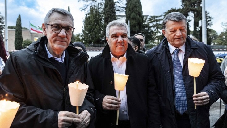 Maurizio Landini con Luigi Sbarra e Pierpaolo Bombardieri, in occasione di una iniziativa per la Giornata delle Donne