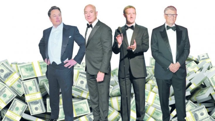 I quattro tecnopaperoni americani.&nbsp;Da sinistra:&nbsp;Elon Musk&nbsp;(51 anni), Jeff Bezos (59) Mark&nbsp;Zuckerberg (38) e Bill Gates (67) (Getty images)