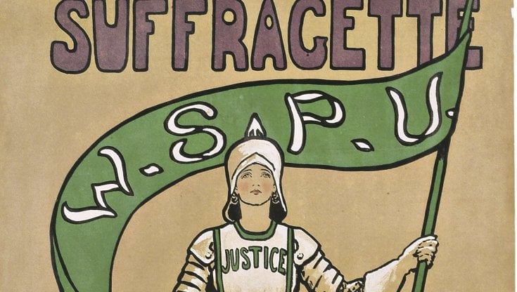 La suffragetta (1912), litografia a colori di scuola inglese del XX secolo ispirata alla figura di Giovanna d&rsquo;Arco