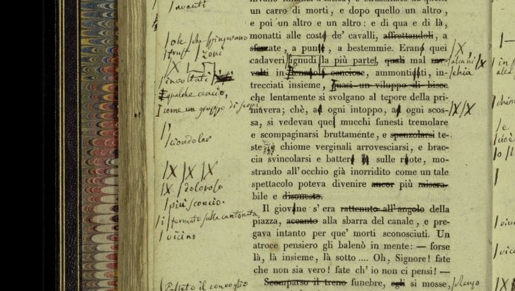 Una pagina dei Promessi Sposi dell&rsquo;edizione Ventisettana (1827) con le correzioni autografe in vista della seconda edizione, uscita in dispense tra il 1840 e il &lsquo;42 (foto su concessione del ministero della Cultura, Pinacoteca di Brera, Biblioteca Braidense,Milano). 