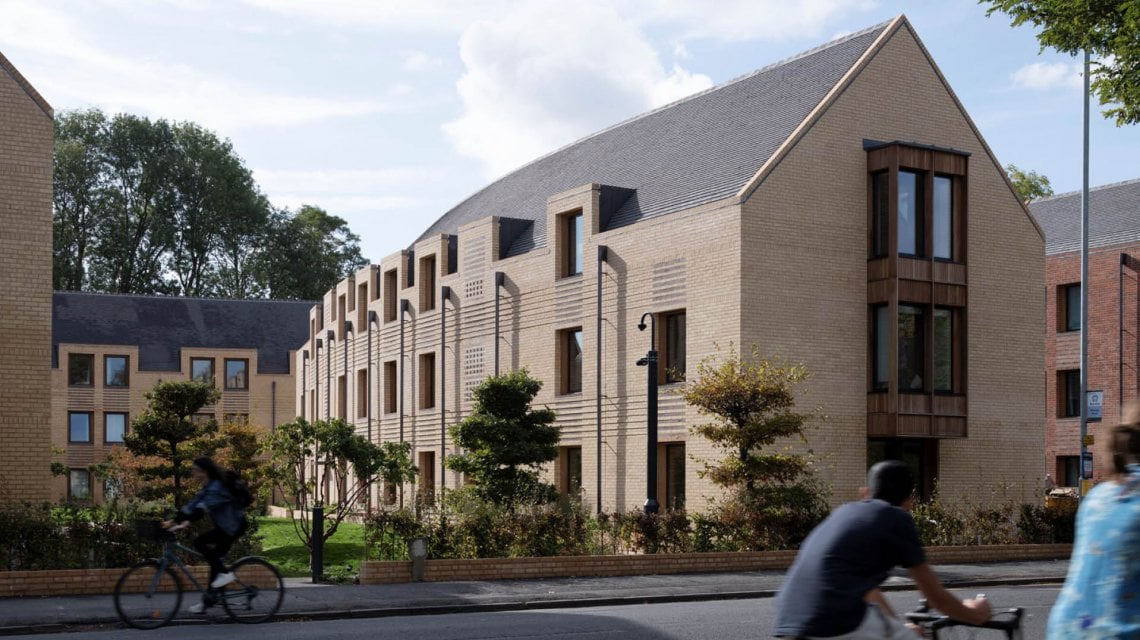 L'esterno di un edifcio del Stephen  Taylor Court, progettato per basse emissioni di carbonio e durare nel tempo