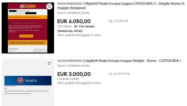 Alcuni dei biglietti in vendita online