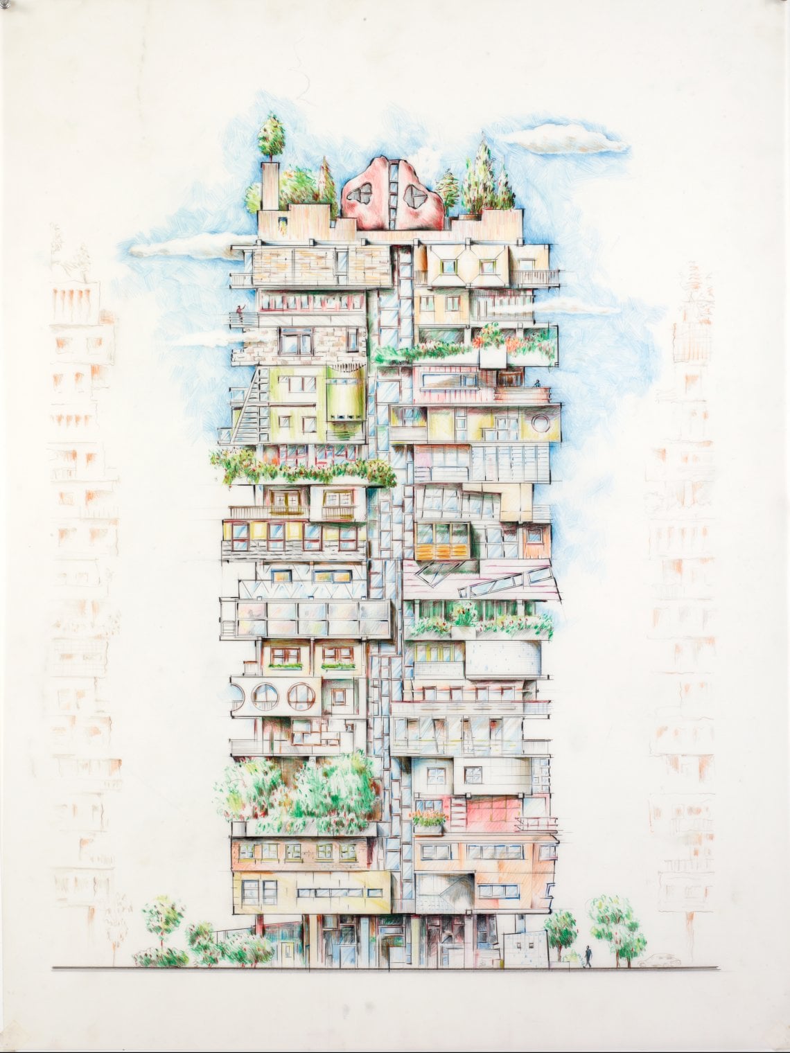 La Pluralist Tower di San Paolo in uno schizzo, realizzata nel 1987