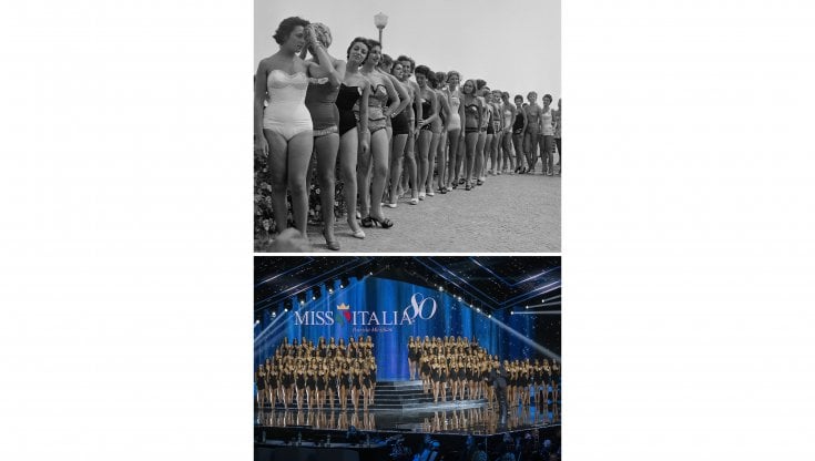 Sopra, le partecipanti al concorso&nbsp;di Miss Italia nel 1955. In basso, l&rsquo;edizione degli ottanta anni: era il&nbsp;2019 (Getty images)