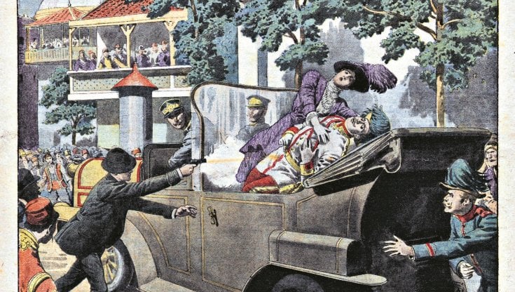 L'attentato di Sarajevo il 28 giugno 1914 in un'incisione dal quotidiano francese Le Petit Journal