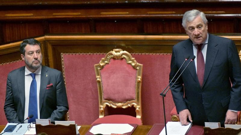 Il ministro delle infrastrutture, Matteo Salvini, e il ministro degli Esteri, Antonio Tajani, durante la commemorazione di Silvio Berlusconi al Senato
