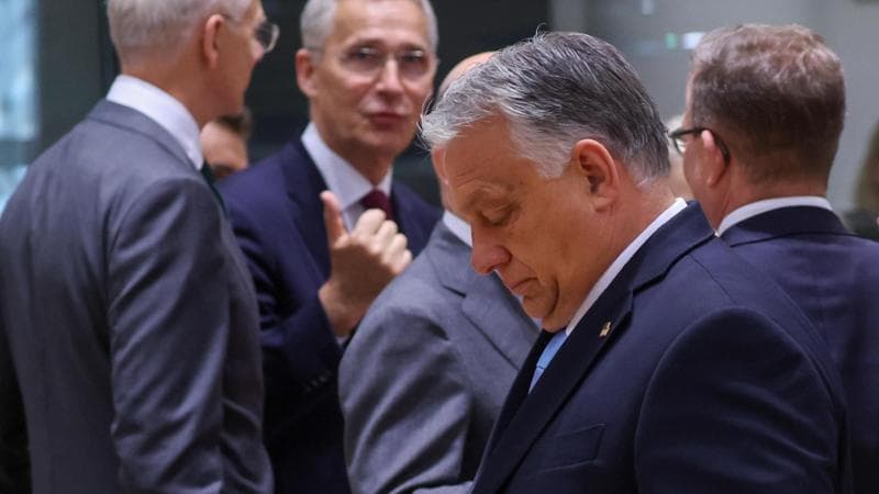 Il premier ungherese Viktor Orban e (sullo sfondo) il segretario Nato Jens Stoltenberg
