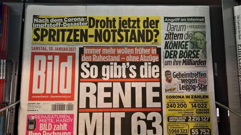 Una prima pagina del quotidiano tedesco Bild
