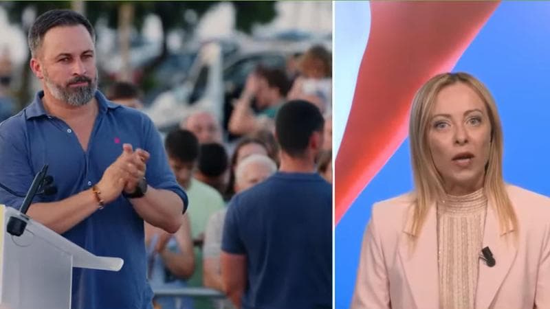Giorgia Meloni in collegamento al comizio di Vox

