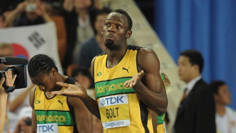 La delusione di Usain Bolt per la squalifica ai Mondiali di Daegu 2011
